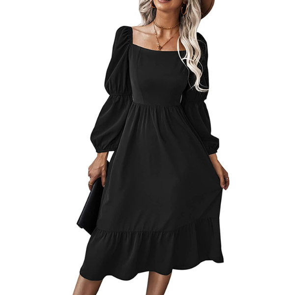 Black Puff Sleeve Dress Midi Length