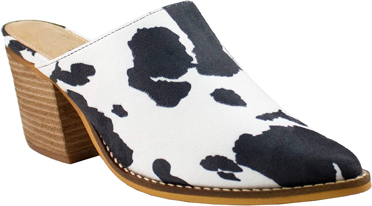 Black and White Cow Print Stacked Heel  Mules