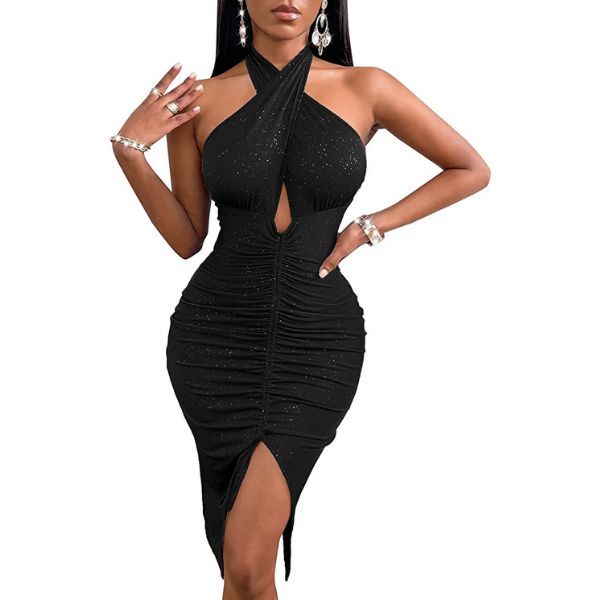 VERTICAL CUT OUT BLACK BODY CON DRESS