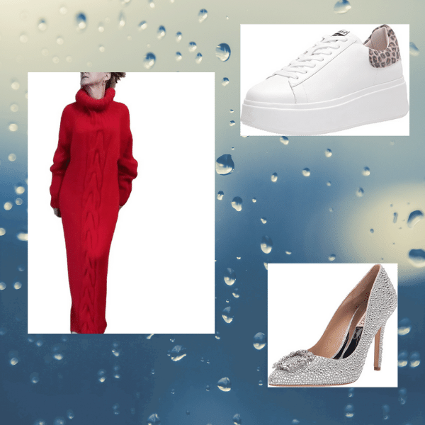 Red Mohair Maxi Dress Silver pumps and White Sneakers