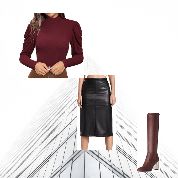 Photos by Amazon Leather Pencil Skirt, Brown Boots, Burgundy Top