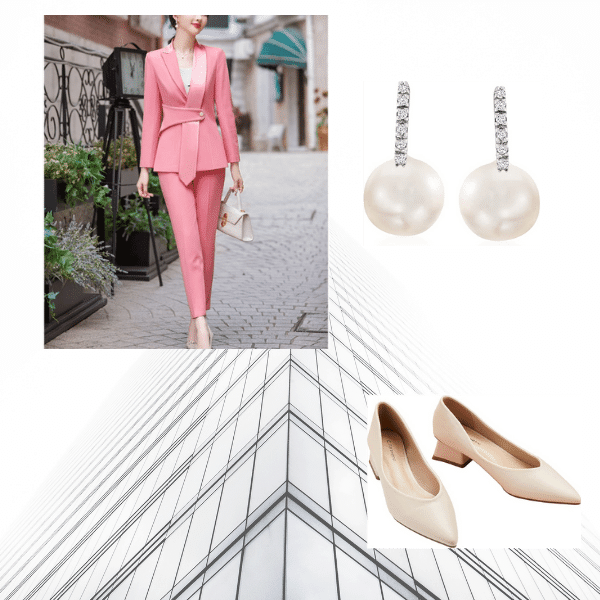 Photos By Amazon Pink Suit , Pearl Earrings and Ivory Low Pumps