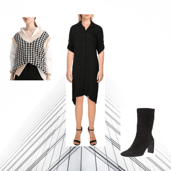 Photos by Amazon Black Dress, Booties and Sweater Vest 