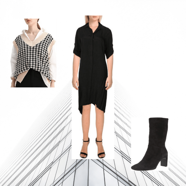 Photos by Amazon Black Dress, Booties and Sweater Vest