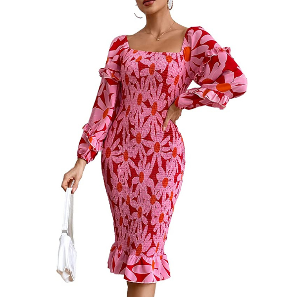 Red Puff Sleeve Floral Print Dress