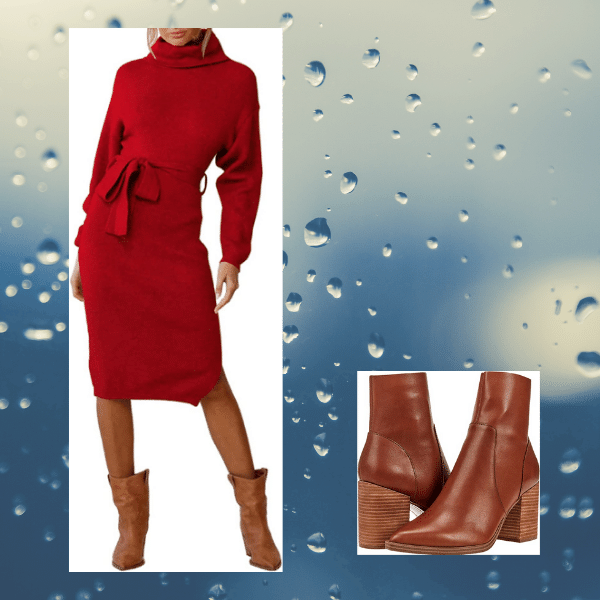 Red Cowl Neck Dress Stacked Heel Ankle Boots
