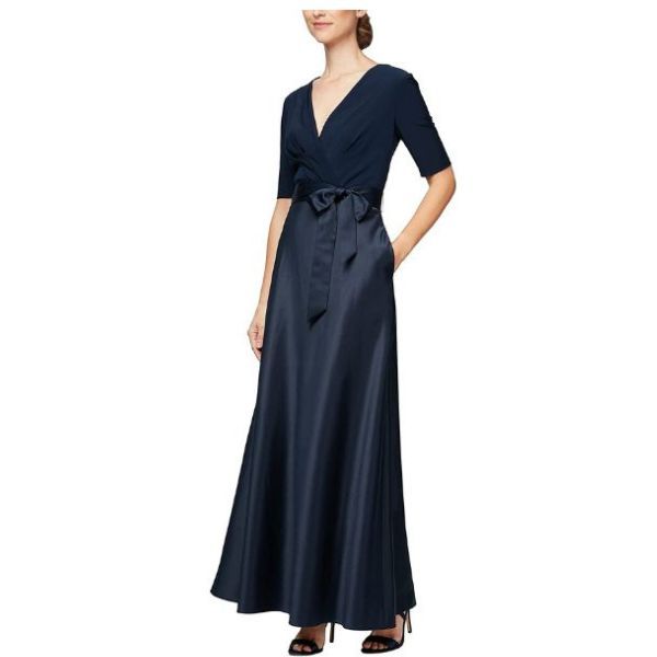 Alex Evenings Navy Sating Maxi Dress Long Gown 