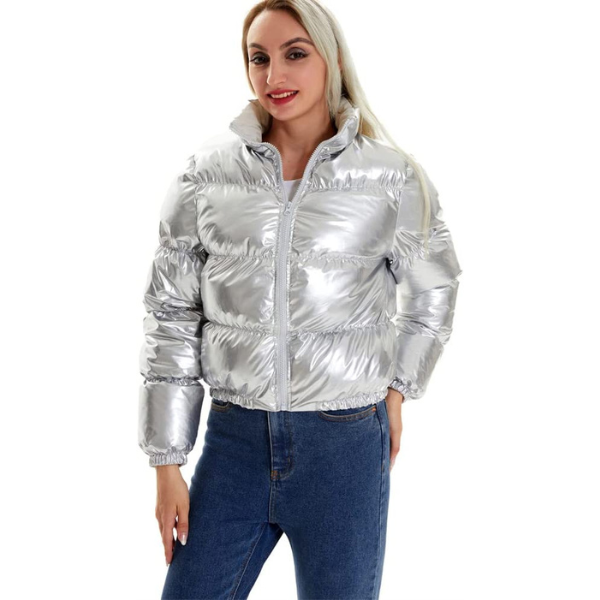 Shiny Silver Crop Puffer Coat 