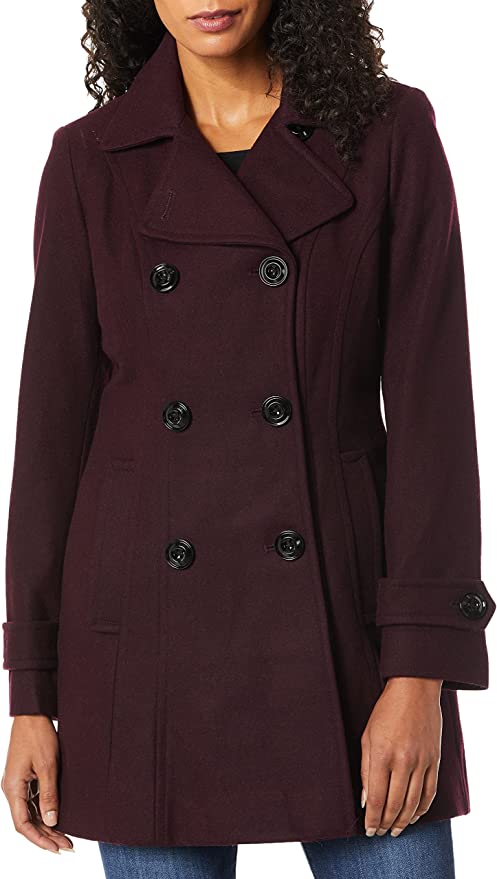 Anne Klein Wool Pea Coat in Burgundy