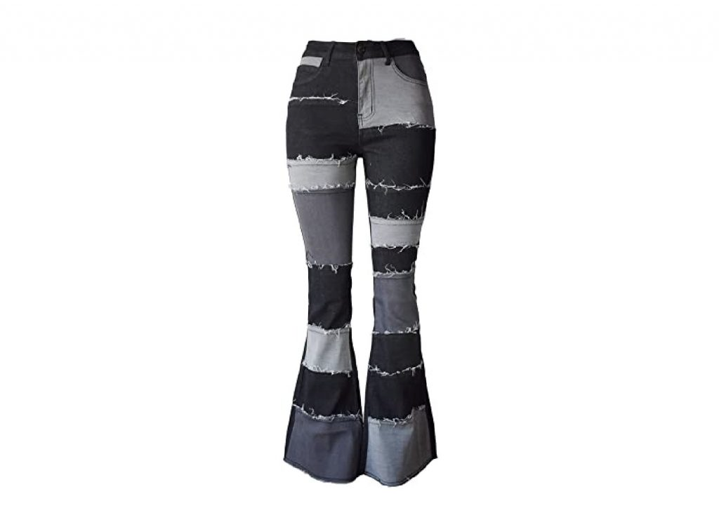 Black and Gray Patchwork Denim Flare Leg Pants Women's