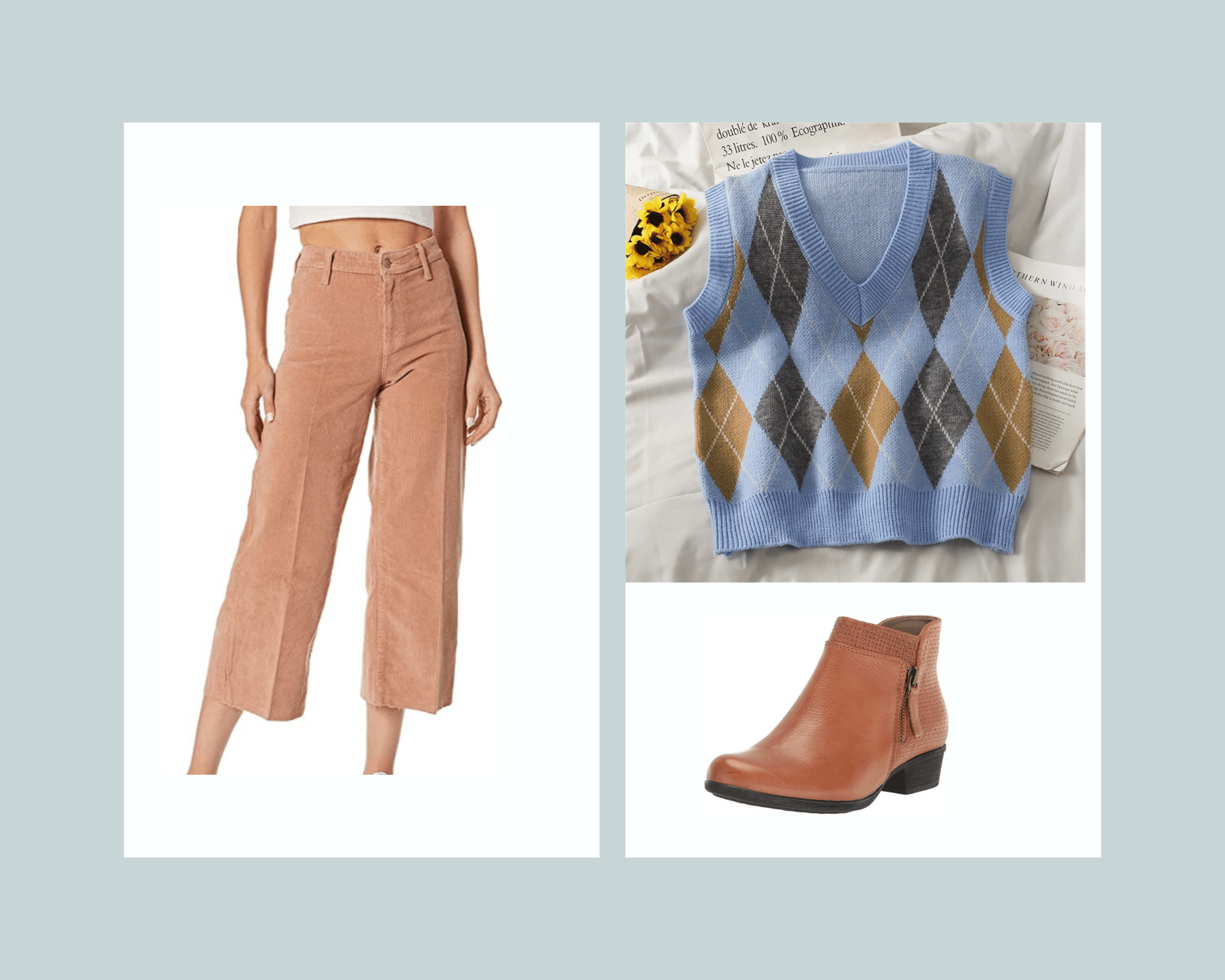 Capri Cord Pants Argyle Blue Sweater Vest Saddle Booties