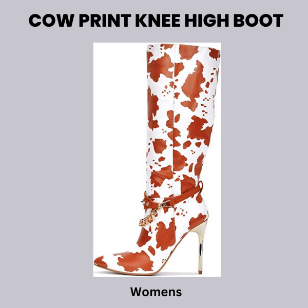 Brown and White Cow Print Stiletto Boots