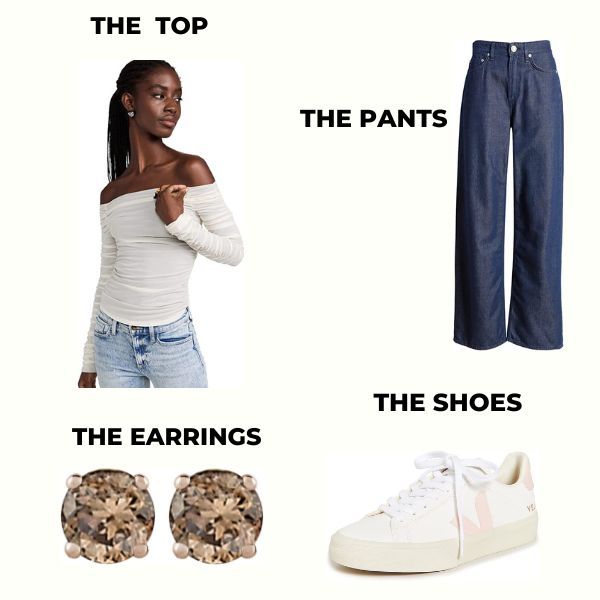 Top, High Waist Pants, Shoes and Stud Earrings