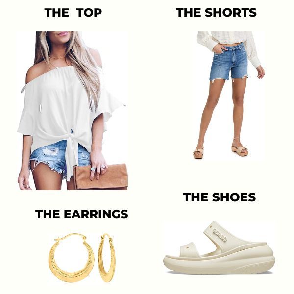 White Top, Shorts, Crocs and Hoop Earrings