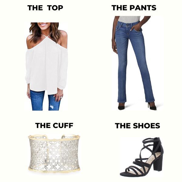 High Neck Top, Bootcut Jeans , Cuff and Strappy Sandals