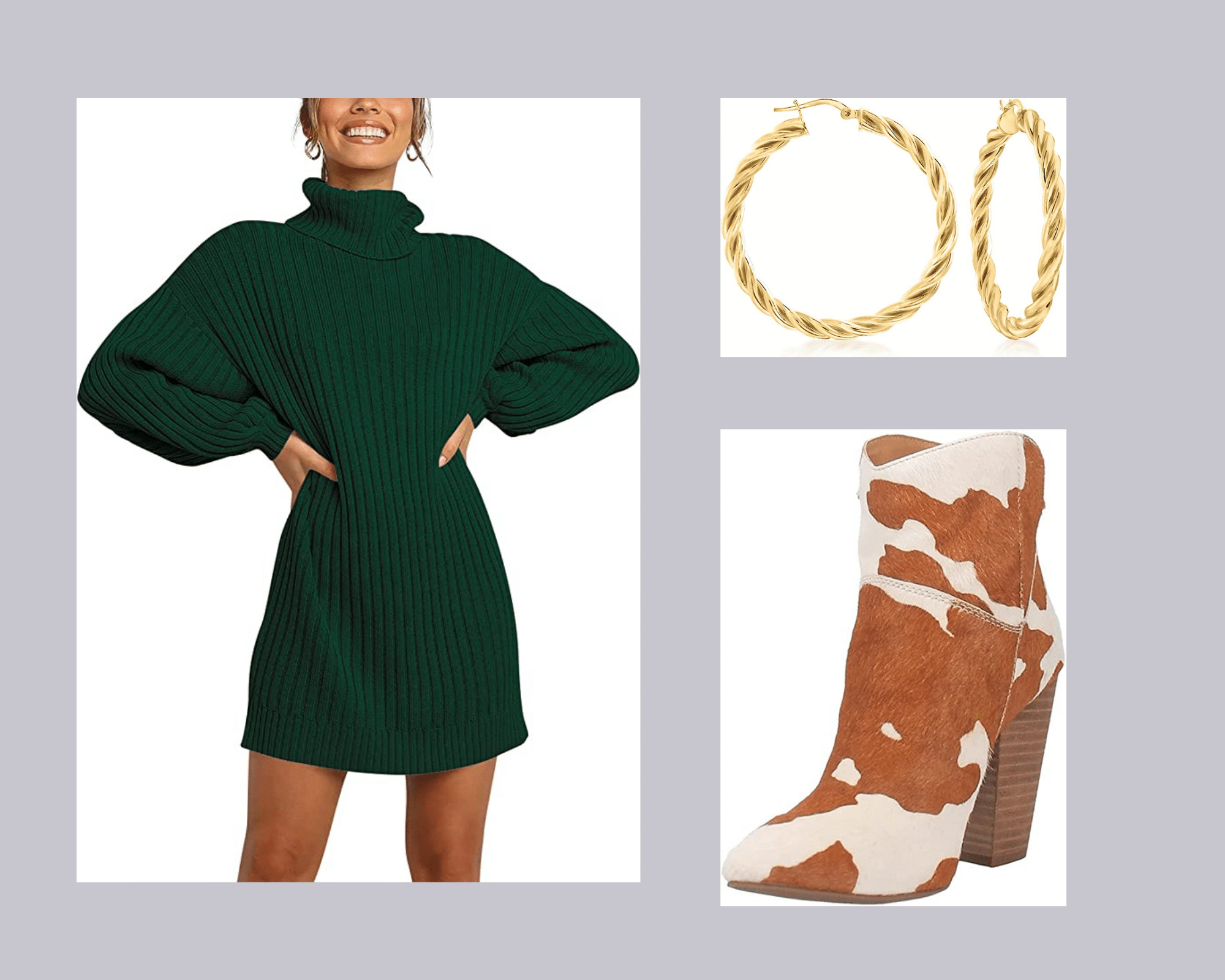 Green dress, braided hoop earrings and boots