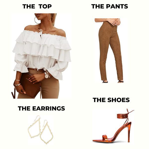 Ruffle Shirt, Suede Leggings, Stilettos and Dangle Earrings