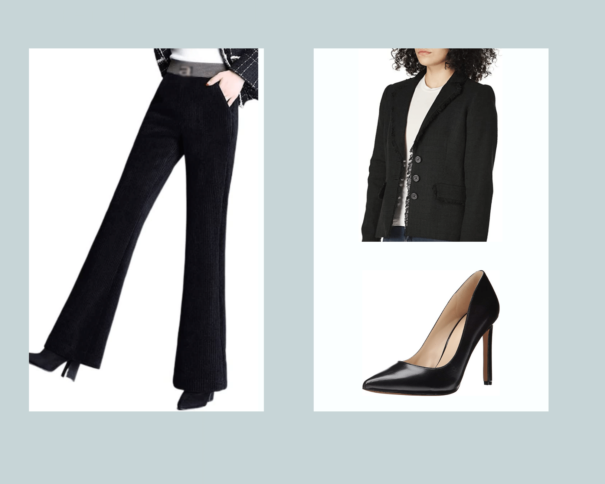 Black Cord Pants , Black Blazer and Pumps