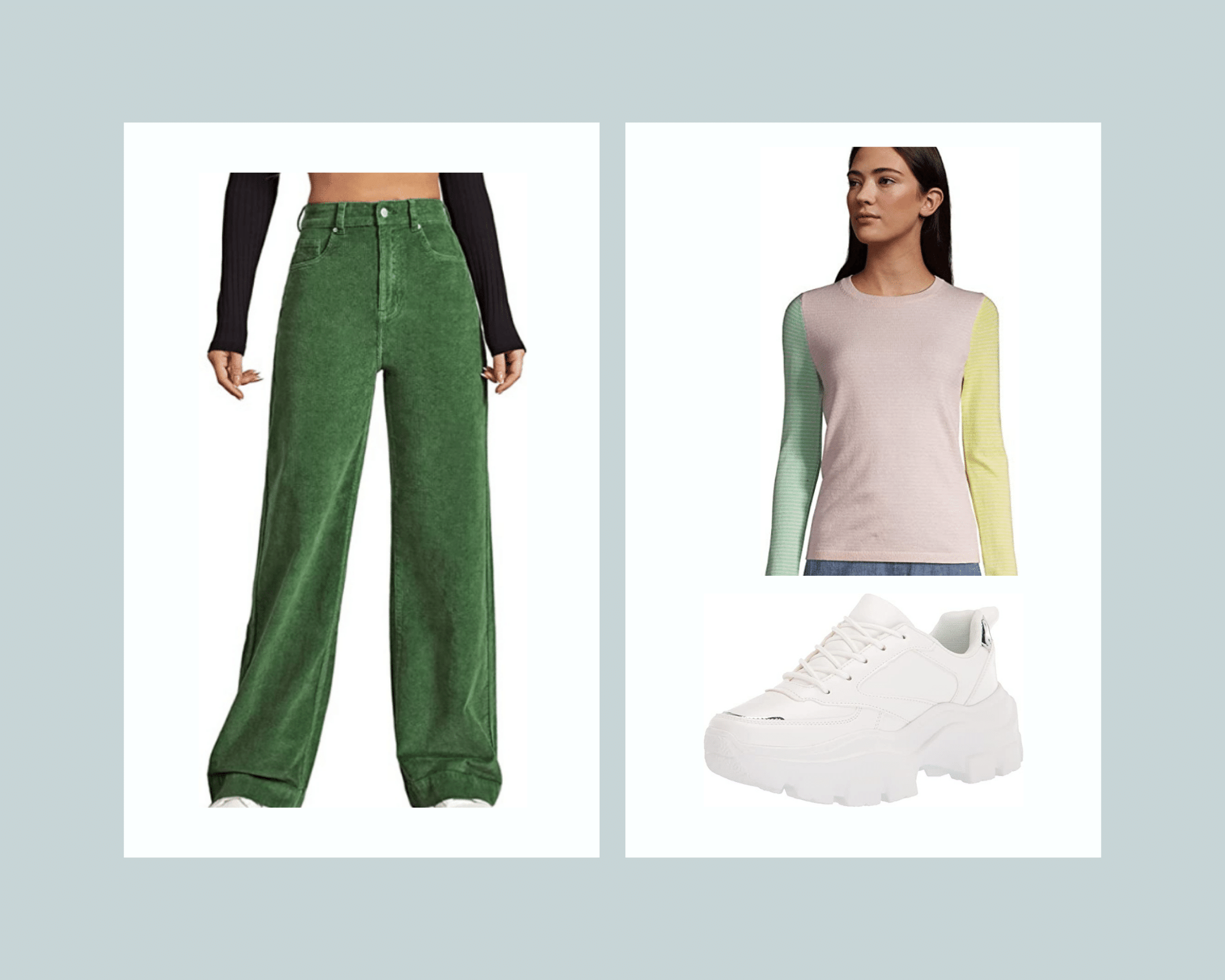 Green Cords, Color Block Pullover and Chunky White Sneakers