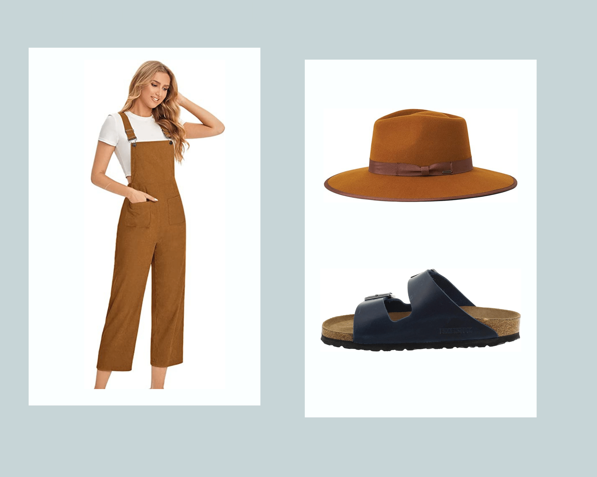 Brown Cord Overalls Brown Fedora and Black Birkenstocks