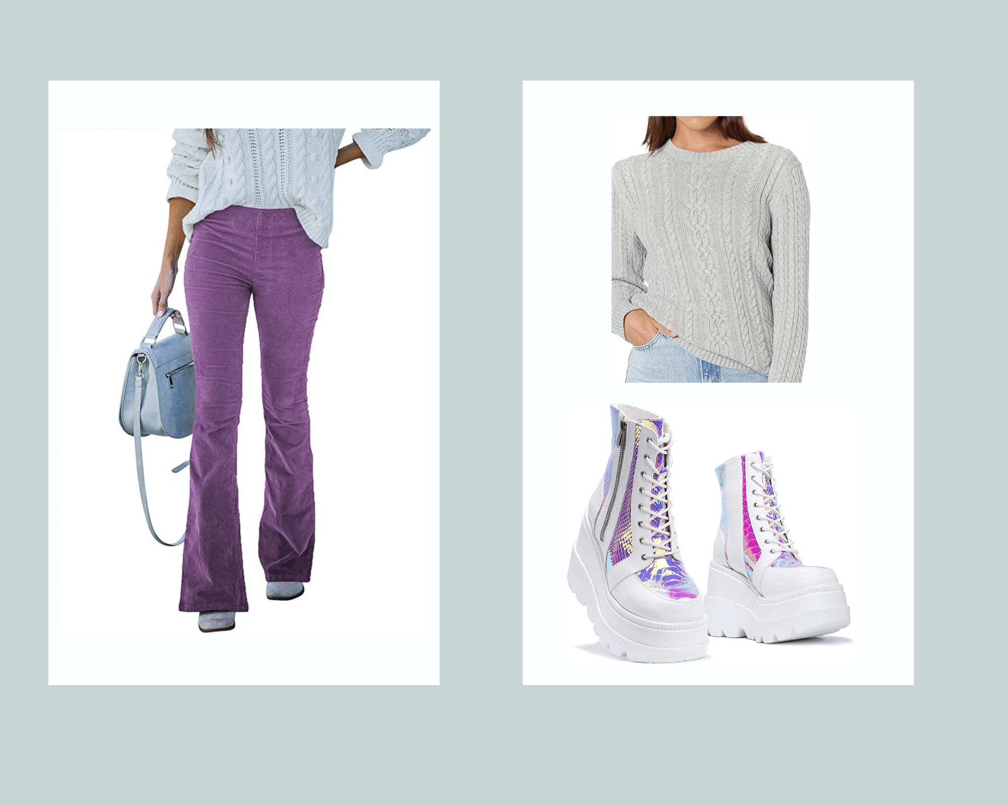 Purple Cords, Cable Knit Sweater and Platform Sneaker