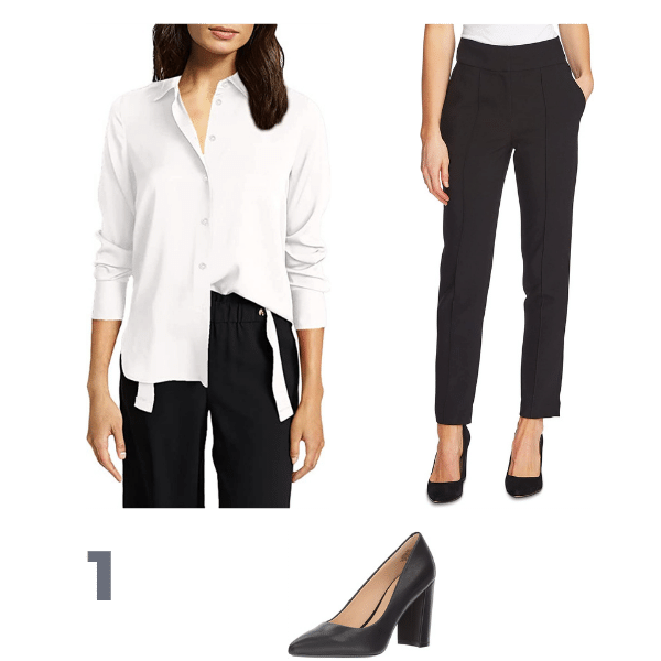 Black trousers, white blouse and black pumps