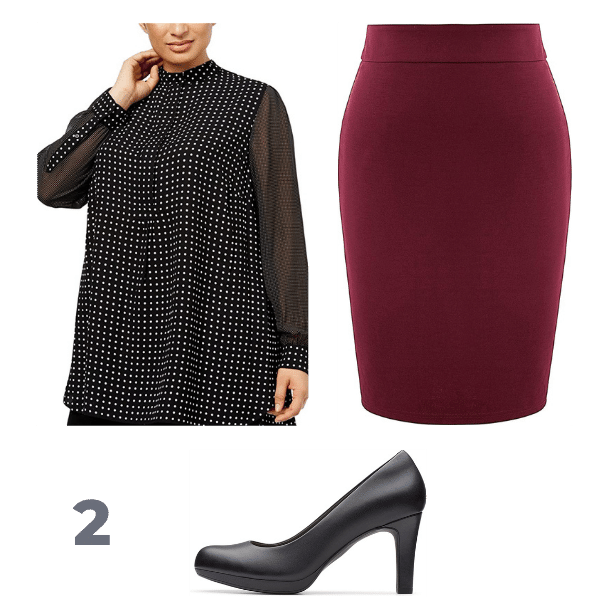 Plus size polka dot tunic, burgundy pencil skirt and black pumps