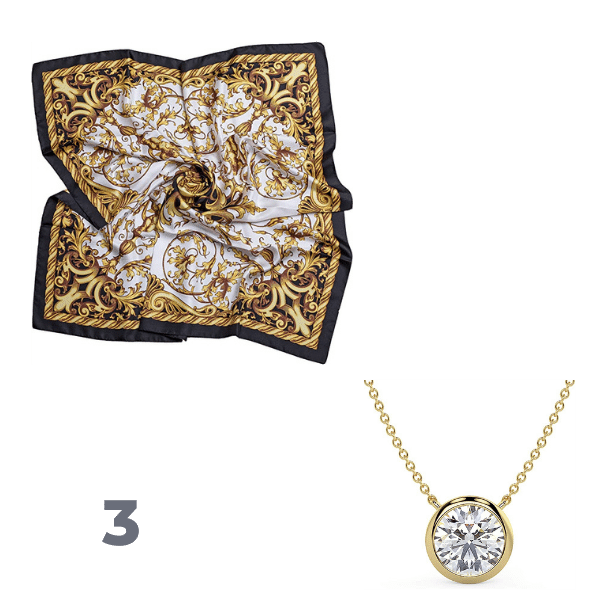 Silk scarf and Diamond Bezel Pendant Necklace