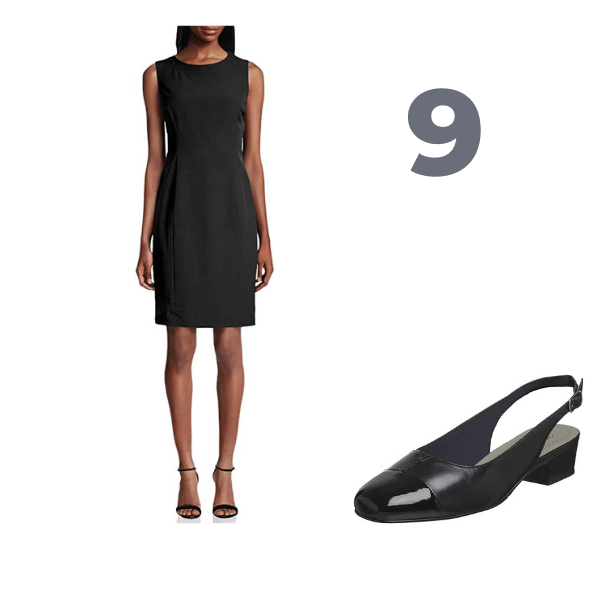 Black Midi Sheath Sleeveless Dress with a low sling back heel 