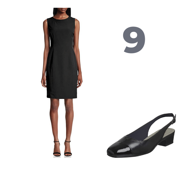 Black Midi Sheath Sleeveless Dress with a low sling back heel
