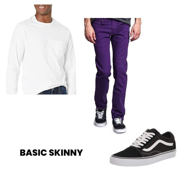 White long sleeve Tee Purple Jeans and Black Vans Shoes