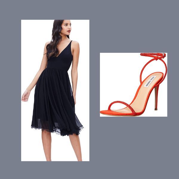 Little Black Dress with Red Rhinestone Strap Sandals