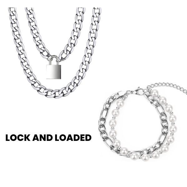 Padlock chain necklace and multimedia bracelet link and pearls