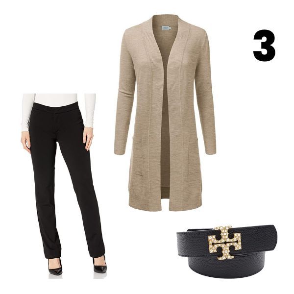 Black Trousers Beige Cardigan Tory Burch Belt