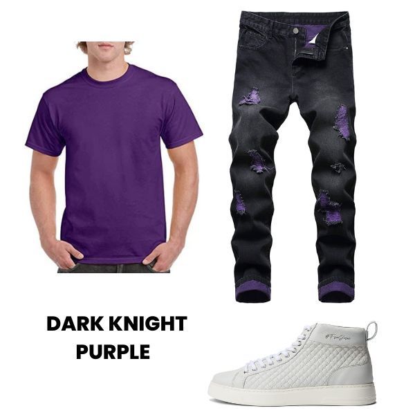 Purple Tshirt  Dark Wash Jeans and White High Top Shoes 