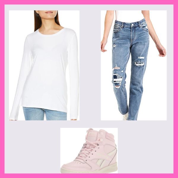 White Long Sleeve T Distressed Jeans and Wedge Reebok Sneakers