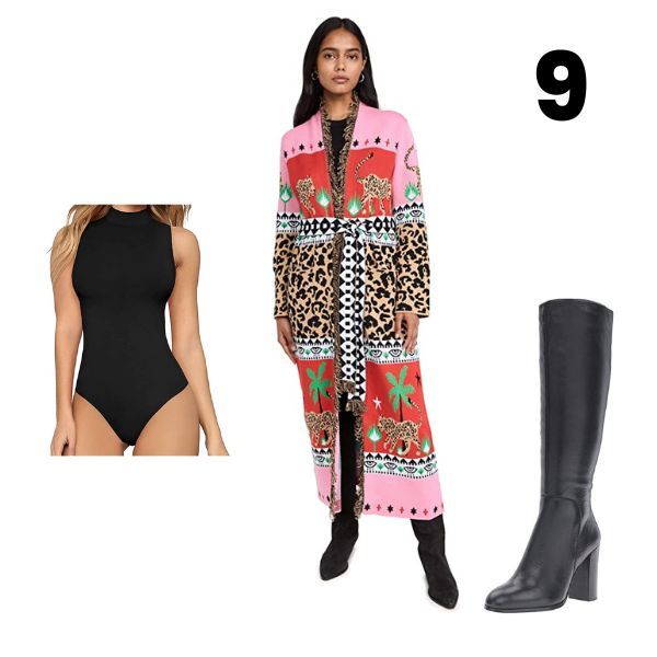 Leopard Duster Black Body Suit Knee Boots