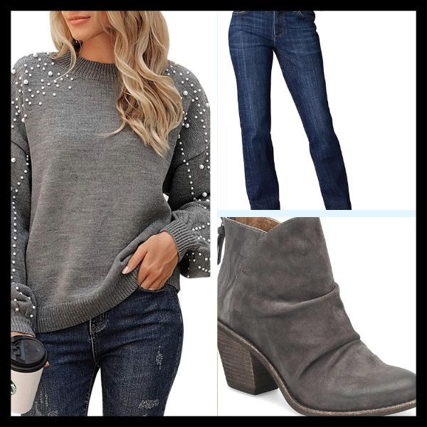 Grey Sweater, jeans and grey booties