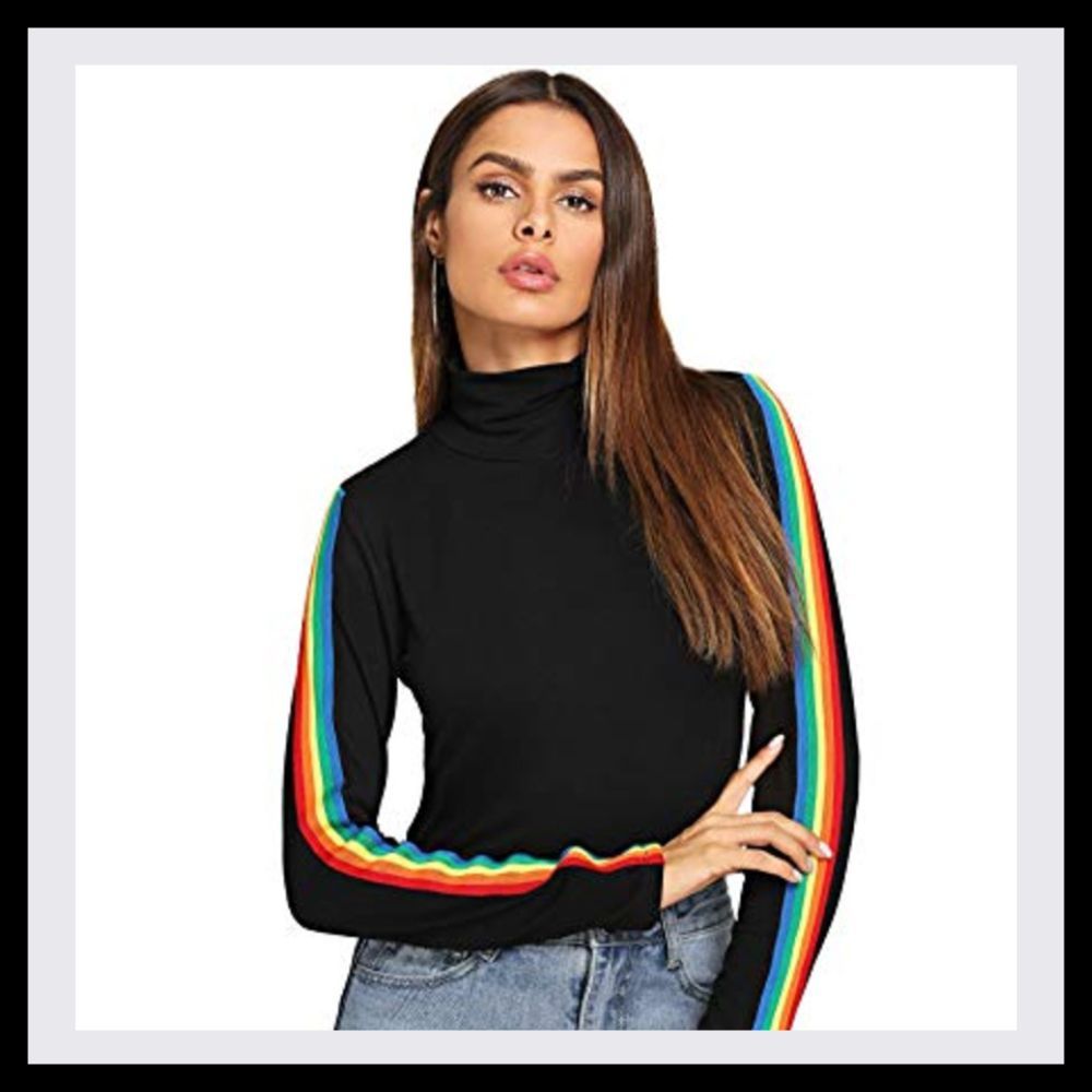 Black mock turtle neck with striped sleeves