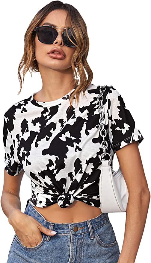 Woman in Black and White Cow Print T Shirt